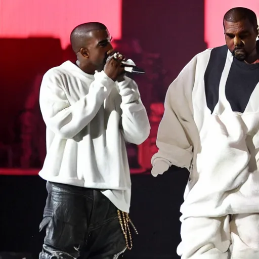 Prompt: kanye west brings out walter on stage to rap with him