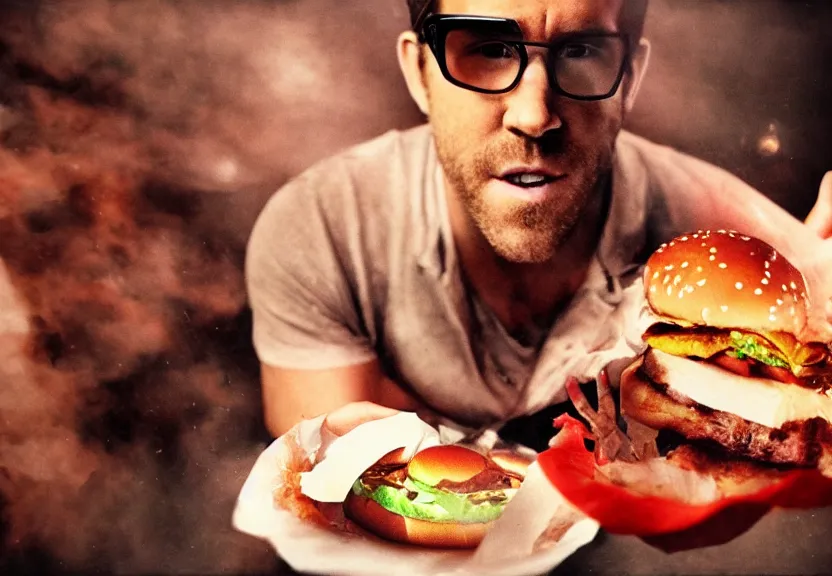 Image similar to a ultra realistic hyper realistic underexposed fujifilm 800 photograph of ryan reynolds being eaten by a burger