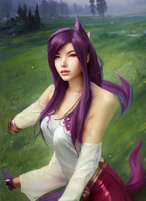 Prompt: portrait of Ahri from League of Legends after work, countryside, calm, fantasy character portrait, dynamic pose, above view, view from above, sunny day, thunder clouds in the sky, artwork by Jeremy Lipkin and Giuseppe Dangelico Pino and Michael Garmash and Rob Rey, very coherent symmetrical artwork, sharp edges, perfect face, simple form, 100mm