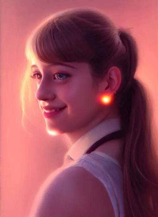 Image similar to portrait of teenage lili reinhart with bangs, smiling kindly, bangs, 1 9 6 0 s, ponytail, bangs and ponytail, intricate, elegant, glowing lights, highly detailed, digital painting, artstation, concept art, smooth, sharp focus, illustration, art by wlop, mars ravelo and greg rutkowski