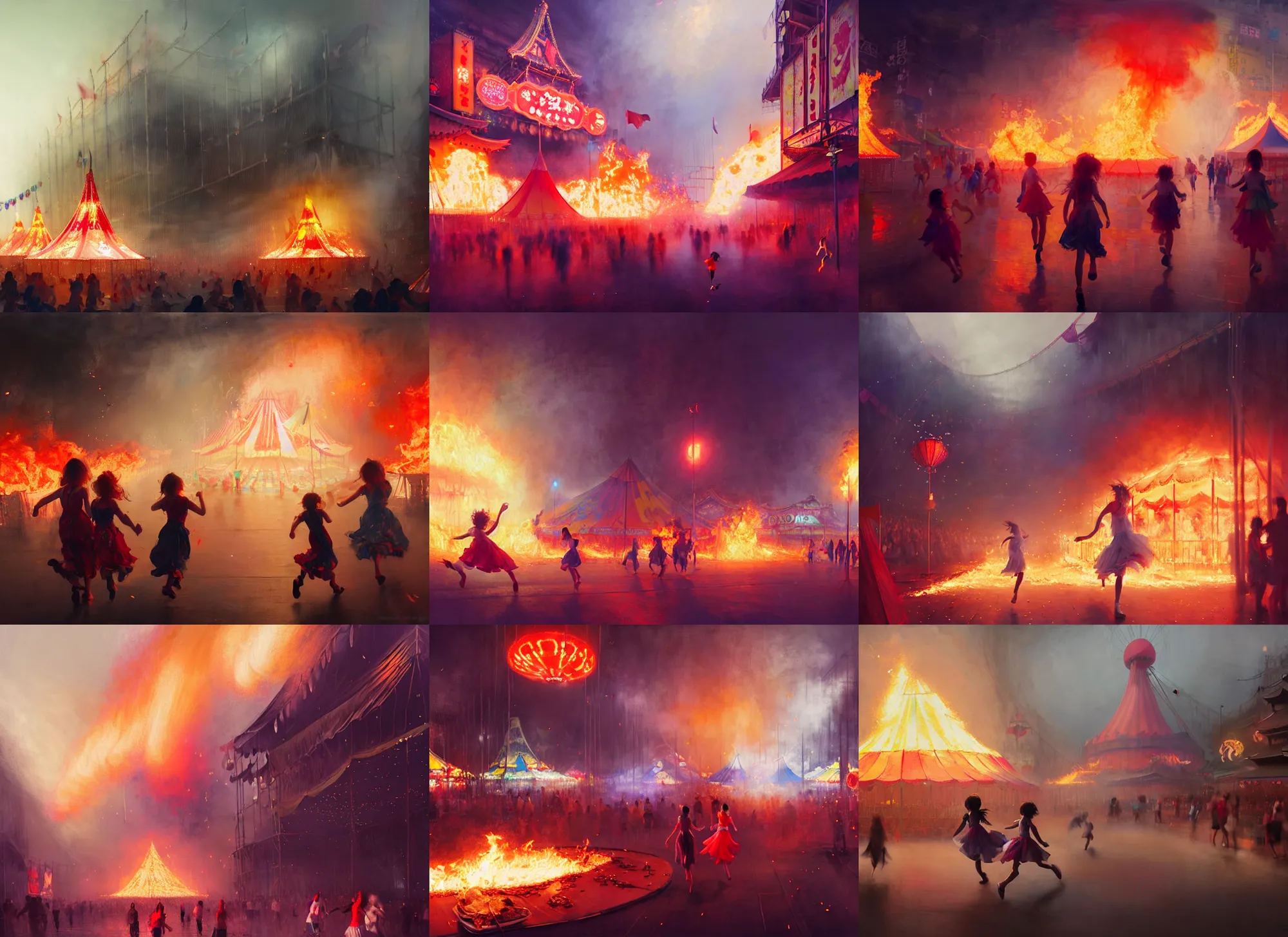 Prompt: young girls running through small carnival amusement on fire, inferno flames, motion blur, food stalls, big top circus tent, roaming entertainers, bloom, heavy fog, highly detailed, magical, japan mountains, digital painting, concept art, matte, art by ruan jia and wlop and greg rutkowski and makoto shinkai, masterpiece