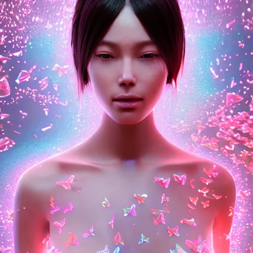 Prompt: a very beautiful glossy glass woman made of transparent glossy glass skin surrounded with glowing butterflies and jellyfish, dreamy hyper realistic beautiful!, rendered by beeple, by makoto shinkai, syd meade, space art concept, sci - fi, digital art, unreal engine, wlop, trending on artstation, 4 k uhd image, octane render