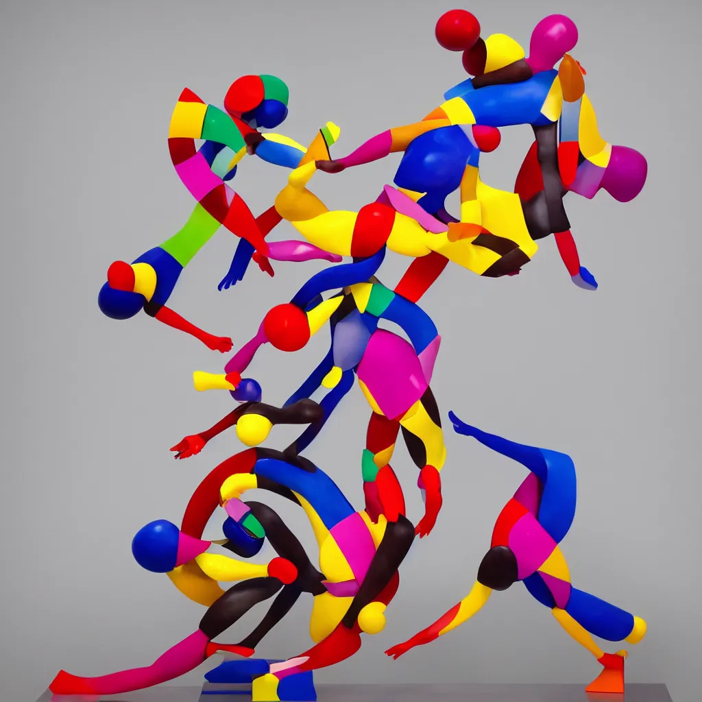 Image similar to kinetic sculpture of the two humans bodies collapsing each other, colorful, contemporary art, masterpiece, peaceful, romantic, geometric, symetrical, symetrical composition by Koons