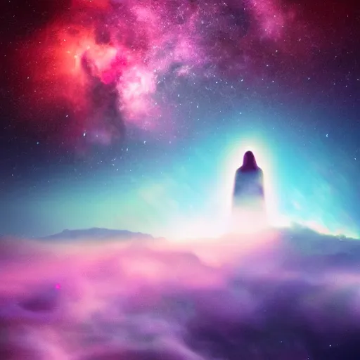 Image similar to a towering godlike apparition in the shape of a human, made of smoke and fog, backlit by pink, purple, red, blue neon lighting, nebulas, backround of stars and galaxies