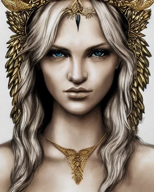 Image similar to tattoo design sketch of cute beautiful blonde super model as aphrodite greek goddess wearing a gold laurel wreath and triangle earrings, beautiful piercing gaze with sharp pupils, in the style of greg rutkowski, fantasy, amazing detail, epic, elegant, smooth, sharp focus, front view