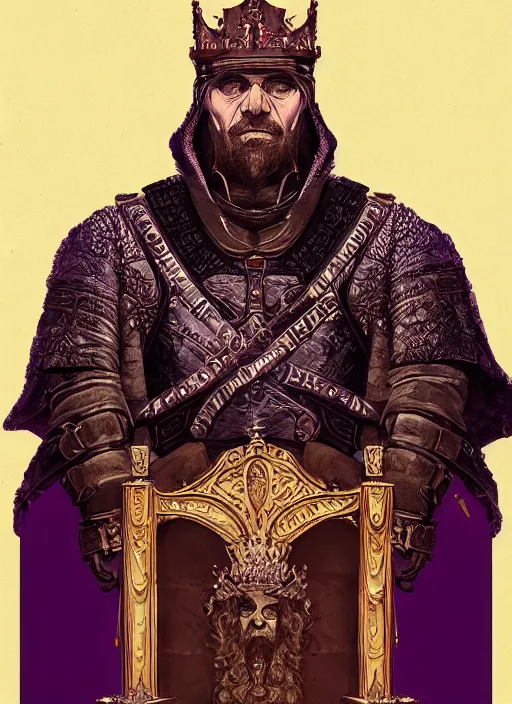 Prompt: a portrait of an old medieval king on the throne, cyberpunk, dark purple color scheme, grim - lighting, high - contrast, intricate, elegant, highly detailed, digital painting, artstation, concept art, smooth, sharp focus, illustration