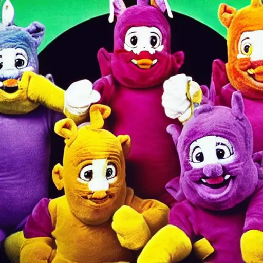 Prompt: Mike Tyson street fighting gang of teletubbies, 1980s children's show aesthetic