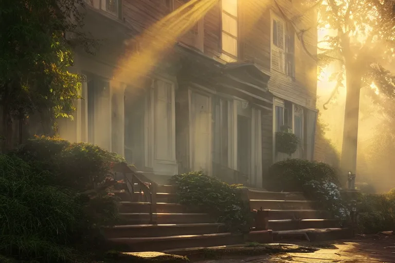 Image similar to business man smoking herb on the front stoop by marc adamus, morning, mist, smoke, rays of light, beautiful