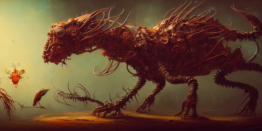 Image similar to a sci fi fauna creature bio machine by karol bak, james jean, tom bagshaw, rococo, sharp focus, trending on artstation, cinematic lighting, hyper realism, octane render, 8 k, hyper detailed, vivid, ultra detailed, highly detailed