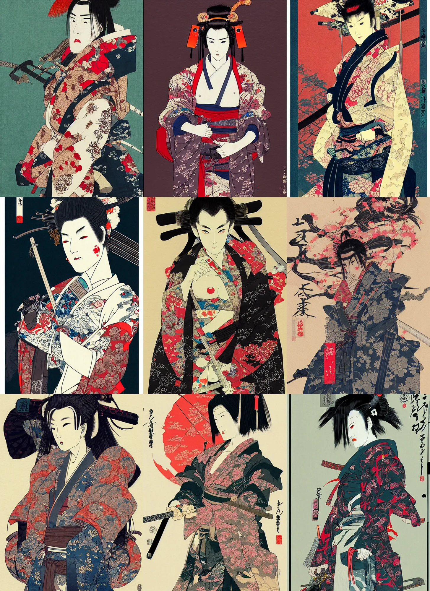 Prompt: very beautiful ukiyo - e cyberpunk samurai, detailed portrait, wearing kimono, sword, by conrad roset, takato yomamoto, jesper ejsing, beautiful