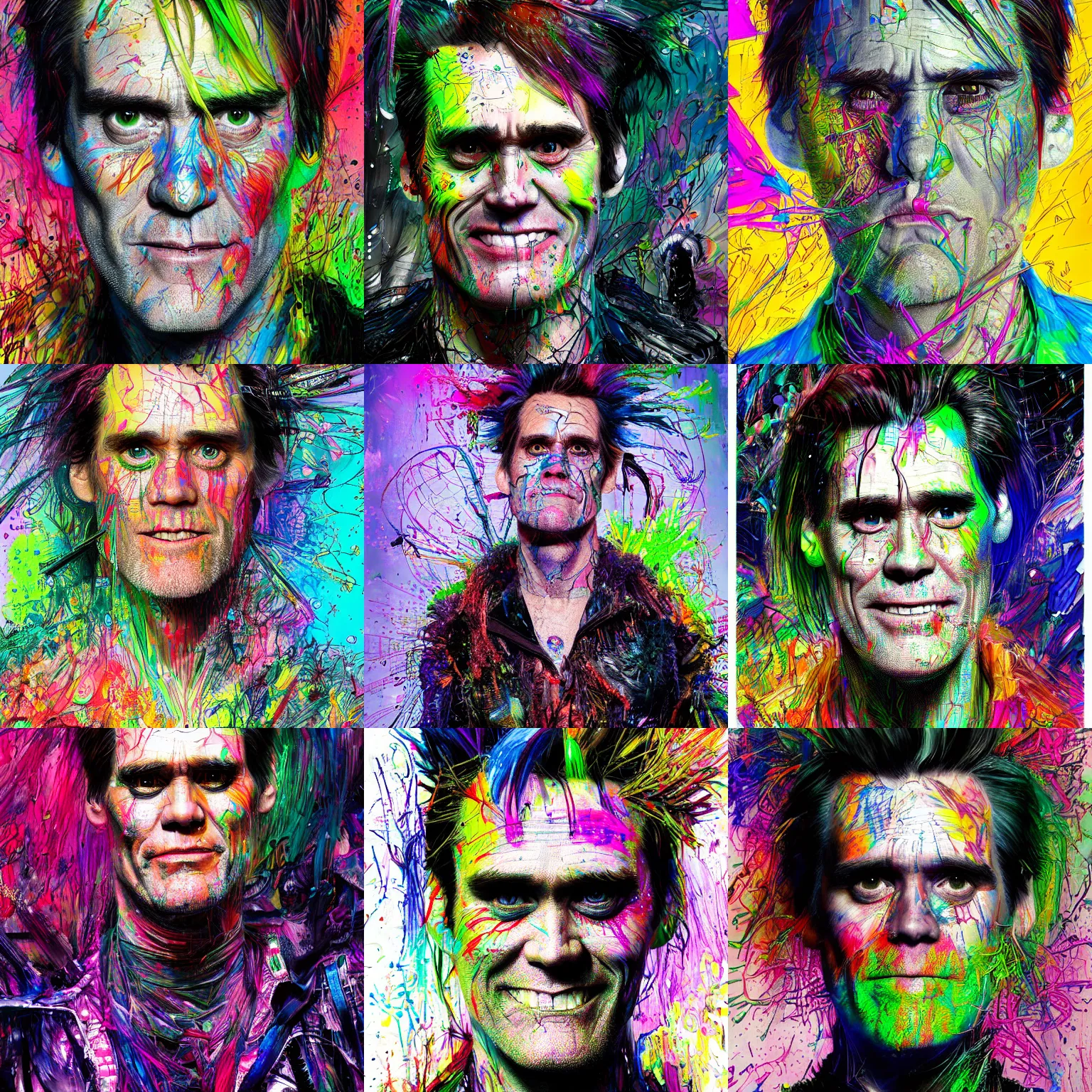 Prompt: a detailed portrait of jim carrey wearing a cybergoth raver outfit by carne griffiths and lovis corinth, tilt - shift, dreamworks, nanopunk, beeple, cgsociety, crisp, low angle shot
