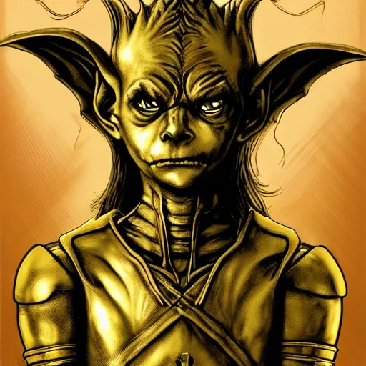 Image similar to portrait of ethereal young goblin princess in golden armour by Kentaro Miura