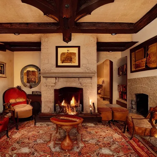 Prompt: renaissance style fireplace, fire burning, cozy lounge ambiance, low lightning, room is lit by the fire, 4 k, hyper realistic photography