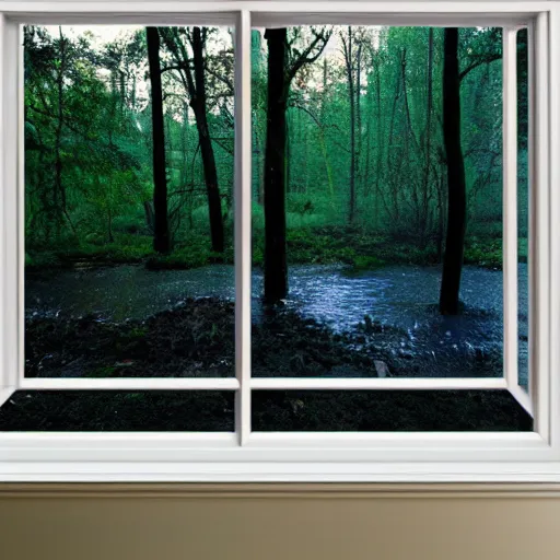 Prompt: View out of 4 picture windows into a dark forest, lit by flood lights at night