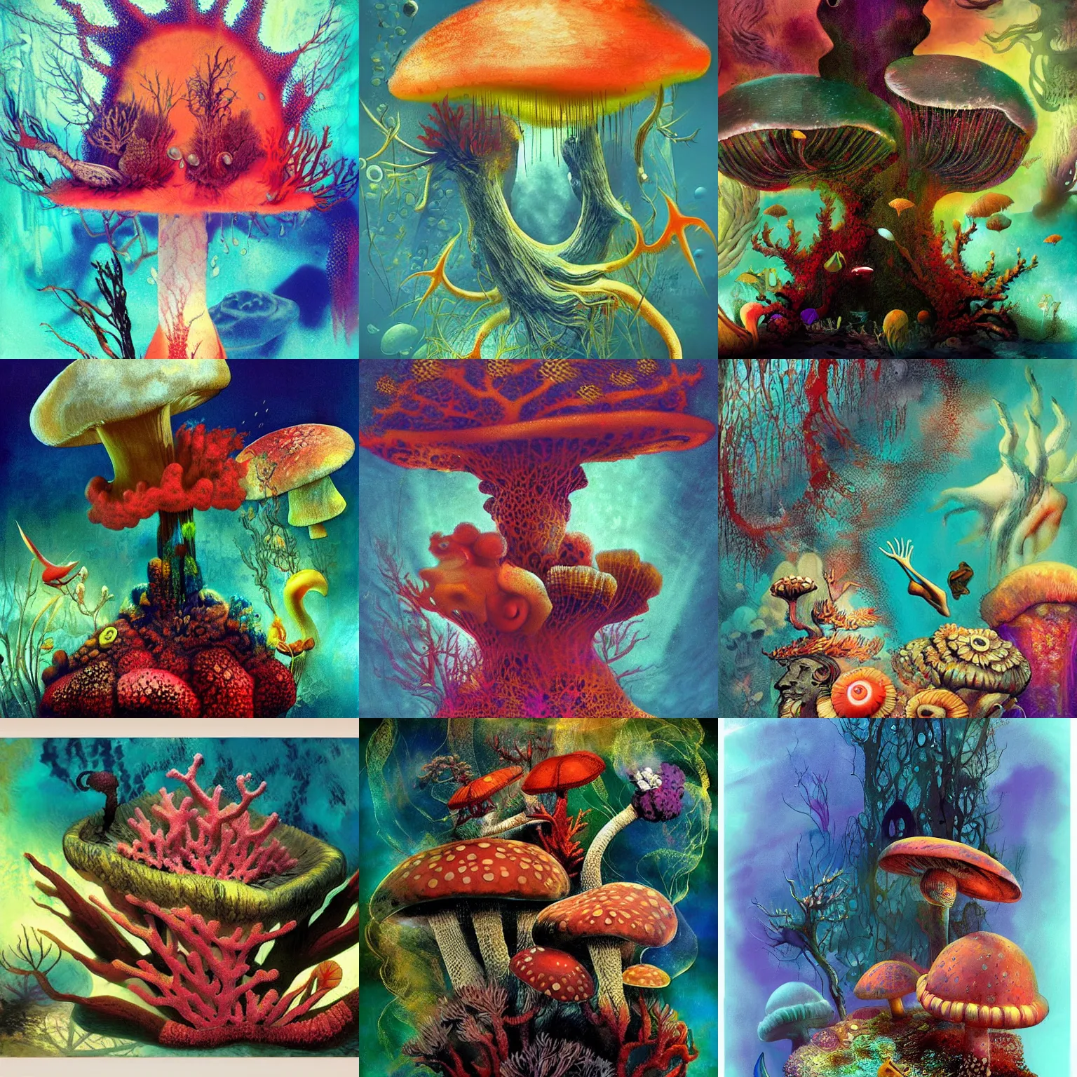 Prompt: a deep underwater, coral, psychedelic, mushrooms, dream, by dave mckean, artstation