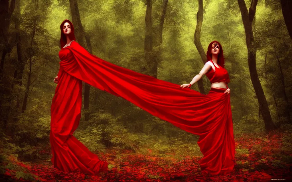 Prompt: a women in red saree floating in forest. trending in artstation, matte painting, illusionism