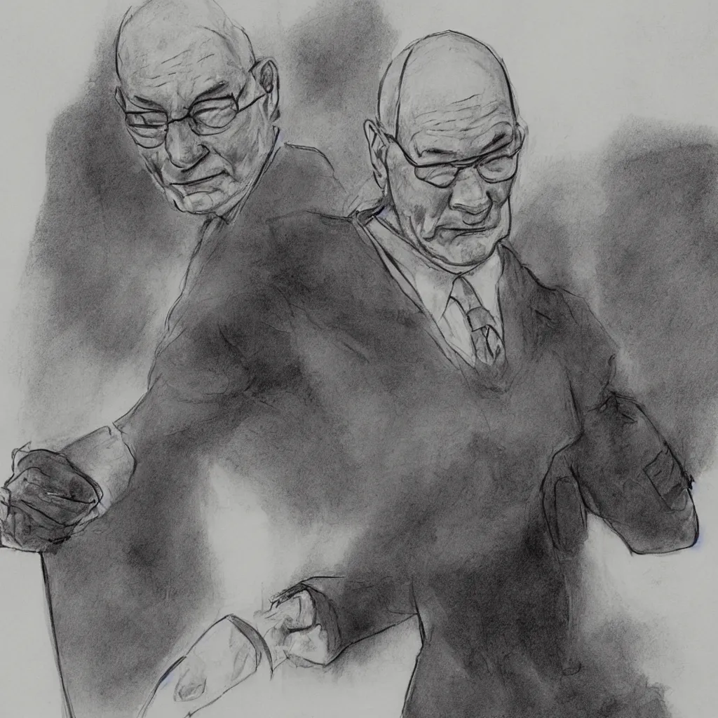 Prompt: Patrick Stewart firing a railgun, court room sketch