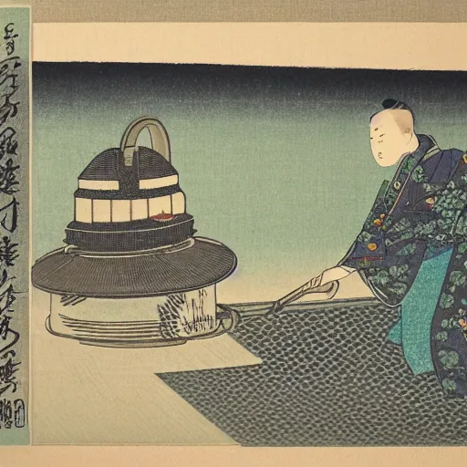 Image similar to japanese woodblock print of a vacuum cleaner