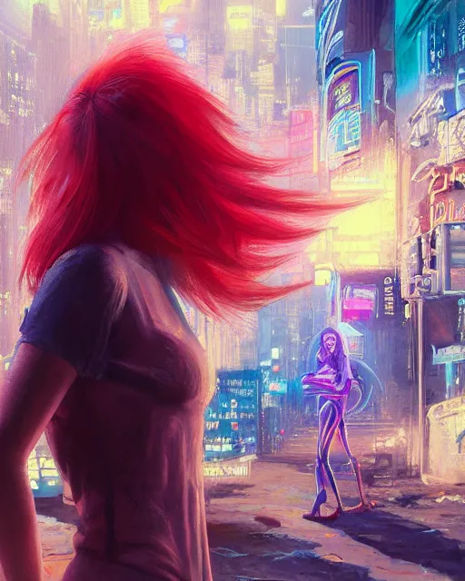 Prompt: a highly detailed epic cinematic concept art CG render digital painting artwork: A girl with a red hair in neon cyberpunk city. By Greg Rutkowski, in the style of Francis Bacon and Syd Mead and Norman Rockwell and Beksinski, open ceiling, highly detailed, painted by Francis Bacon and Edward Hopper, painted by James Gilleard, surrealism, airbrush, Ilya Kuvshinov, WLOP, Stanley Artgerm, very coherent, triadic color scheme, art by Takato Yamamoto and James Jean
