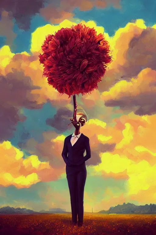 Image similar to portrait, giant flower as head, black woman in suit, surreal photography, golden hour, colorful clouds, impressionist painting, digital painting, artstation, simon stalenhag