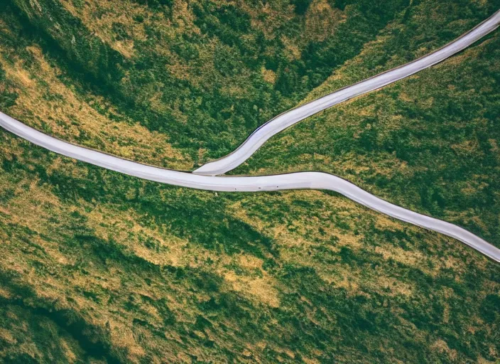 Image similar to symmetry!! a 2 8 mm macro aerial view of a beautiful winding mountain road in europe, photography, film, film grain, canon 5 0 mm, cinematic lighting