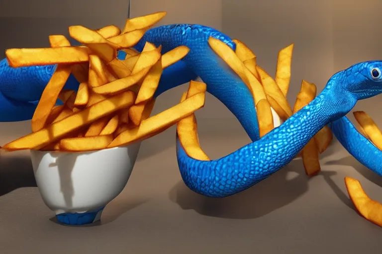 Image similar to a mc donalds commercial with a 3d snake spitting blue fire which is revealing french fries, commercial, 3d render, Mc donalds, 4k, sharp, by Beeple, Octane Render, cinema 4d