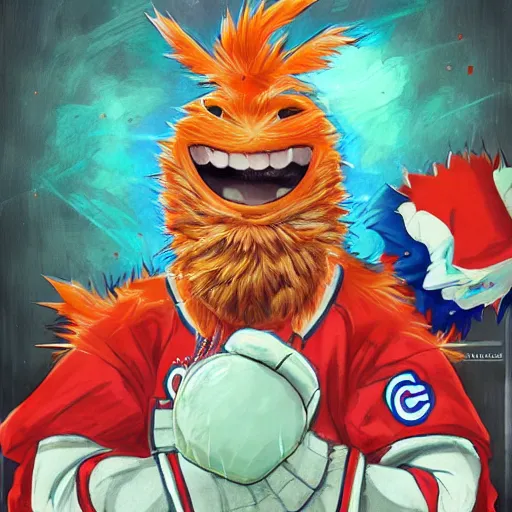 Image similar to anime Portrait of Youppi the Habs Montreal Canadiens Mascot as a very cute powerful and friendly pokemon, highly detailed anime, high evolution, 1990s, legendary, smooth, sharp focus, dynamic lighting, intricate, trending on ArtStation, illustration pokemon, art by WLOP