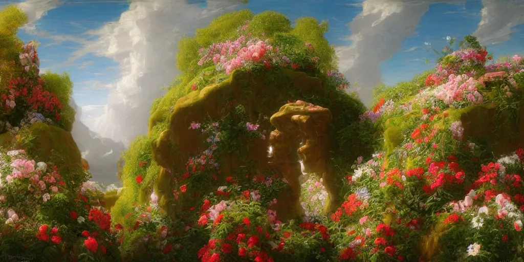 Prompt: Thomas Cole, artgem, Tyler Edlin and Jean Delville, wide angle, minimalistic, robot head with flowers growing out, highly detailed, masterpiece