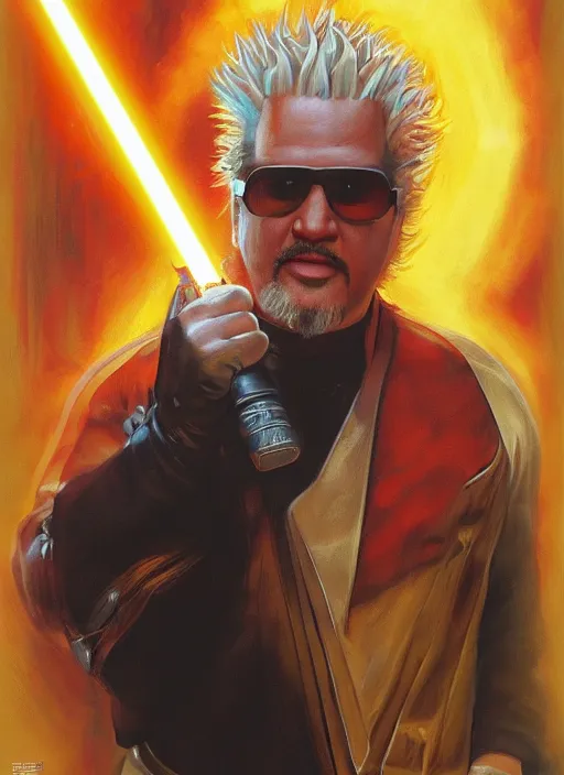 Image similar to epic cinematic poster artwork for featuring portraits for lost star wars film featuring portrait of guy fieri, moody painting by drew struzan, beautiful backlit, colorful, iconic composition, epic award winning, artstation, extremely detailed, flare, photorealistic, 4 k