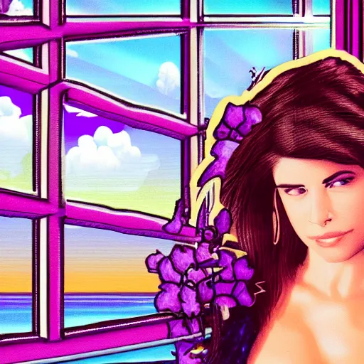 Image similar to a highly detailed and realistic concept art of Kelly Monaco in a vaporwave artwork composition, inside Windows98 user interface elements