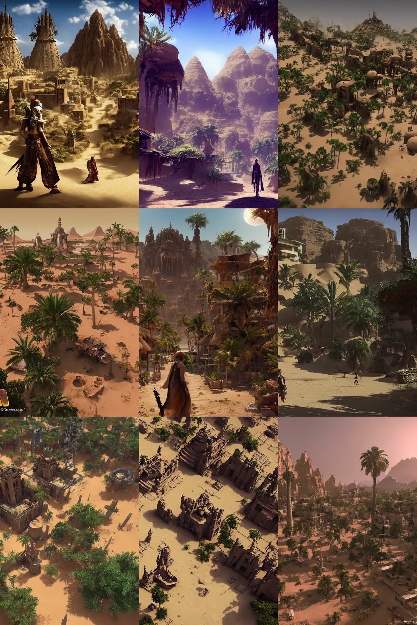 Prompt: an isolated but lively village with spiritual sacred alien architecture in the lush oasis of a vast hot sand desert, 3 rd person action adventure, screenshot, gameplay, final fantasy, square enix, jrpg, cutscene, unreal engine, 4 k, ultra high settings, rtx, next gen graphics, playstation 5, greg rutkowski, tetsuya nomura, concept art