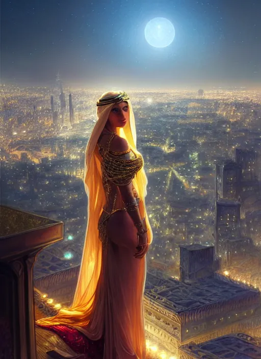 Prompt: an arabian princess looking over her city at night in the rain, shiny, fantasy, intricate, elegant, hyper detailed, ultra definition, photoreal, artstation, unreal engine rendered, concept art, smooth, sharp focus, illustration, art by artgerm and greg rutkowski and alphonse mucha and garis edelweiss