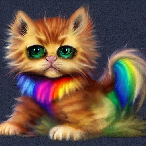 Image similar to wide angle full body, of a fluffy cute rainbow kitten wearing a black leather motorcycle jacket, concept art