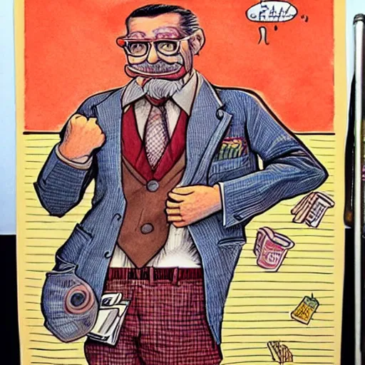 Image similar to The Artwork of R. Crumb and his Cheap Suit Dentist, pencil and colored marker artwork, trailer-trash lifestyle