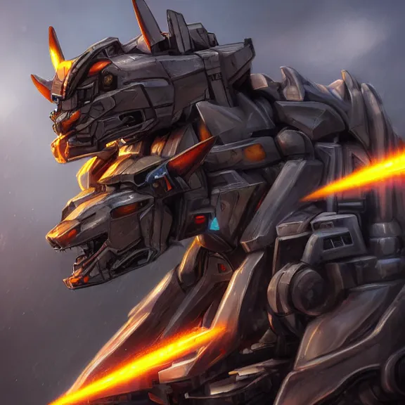 Image similar to hyper realistic, epic, highly detailed cinematic shot of a gigantic feral robot mecha canine, sharp dragon claws, detailed head, metal ears, cannon mounted on back, sleek armor, glowing visor, destroying city, digital art, furry art, macro art, dragon art, furaffinity, deviantart, sofurry