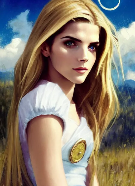 Image similar to portrait of a combination of Ashley Greene, Katheryn Winnick, Victoria Justice and Adriana Dxim, Grace Kelly, Emma Watson and Lily Collins with blonde hair as Sailor Moon, countryside, calm, fantasy character portrait, dynamic pose, above view, sunny day, thunder clouds in the sky, artwork by Jeremy Lipkin and Giuseppe Dangelico Pino and Michael Garmash and Rob Rey and Greg Manchess and Huang Guangjian, very coherent asymmetrical artwork, sharp edges, perfect face, simple form, 100mm