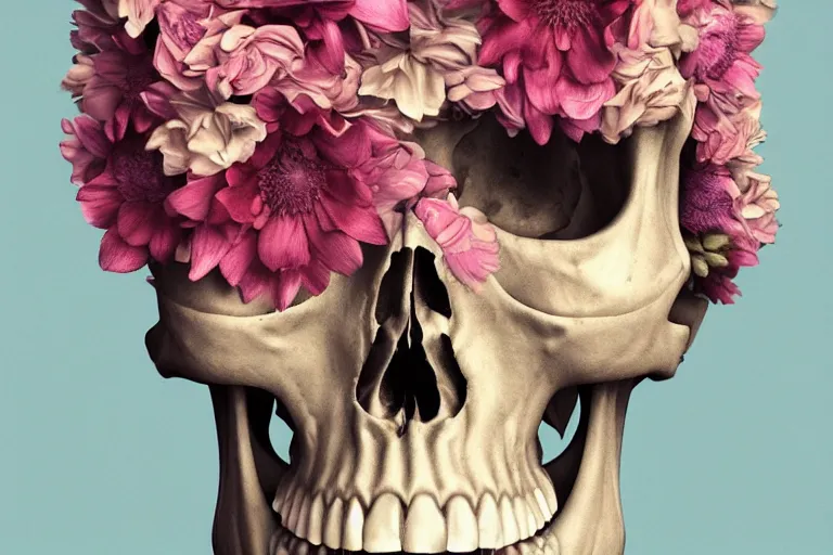 Image similar to human skull made of flowers with flowers in its eyes, artstation, illustration, hd, hq, high resolution, high detail, 4 k, 8 k