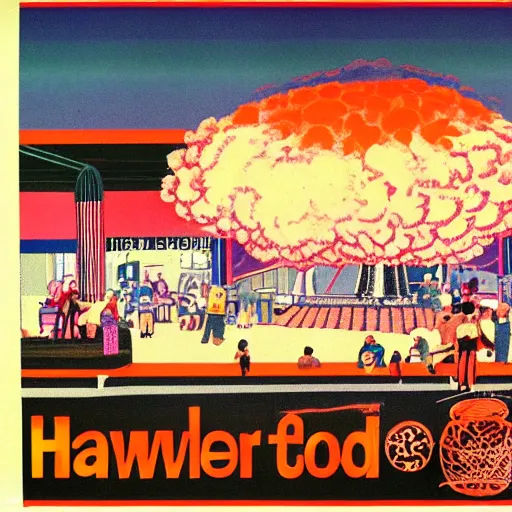 Image similar to A 1980s poster of a hawker centre and mushroom cloud