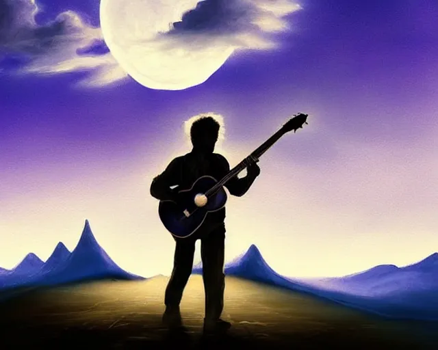 Image similar to A slightly silhouetted figure of a man with a guitar, clouds that look like mountains high in the sky, the clouds are a deep blue purple color with the sun blazing behind the clouds, deep focus, D&D, fantasy, intricate, elegant, highly detailed, digital painting, artstation, oil paint, matte, sharp focus, illustration, hearthstone, art by Ivan Aivazovsky