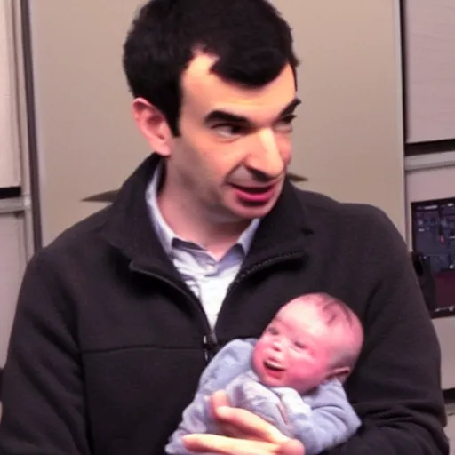 Image similar to cctv of Nathan fielder holding a baby