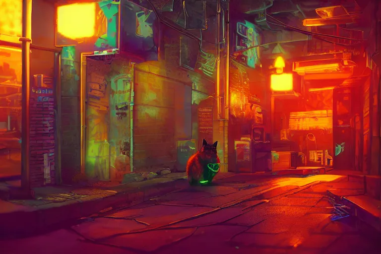 Image similar to cyberpunk ginger cat in the alley, neon lighting, rendered in unreal engine, trending on artstation, cyberpunk, night