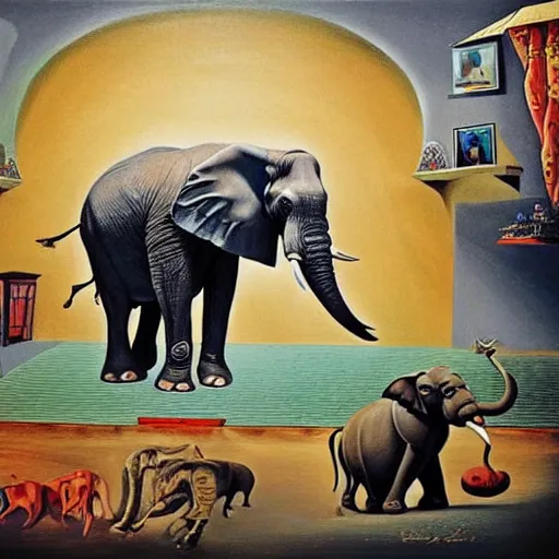 Image similar to in the style of painter salvador dali circus of animals playing, Surrealism painting, hyperrealism, large elephant plays, high details, everything sharp focus, photorealism, real photo