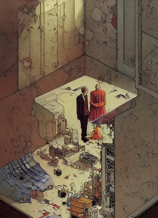 Prompt: illustration of a 2 0 8 0 singularity scene by shaun tan and norman rockwell, clean, emptyness, torn paper decollage, graphic novel, oil on canvas by edward hopper, ( by mattias adolfsson ), by moebius