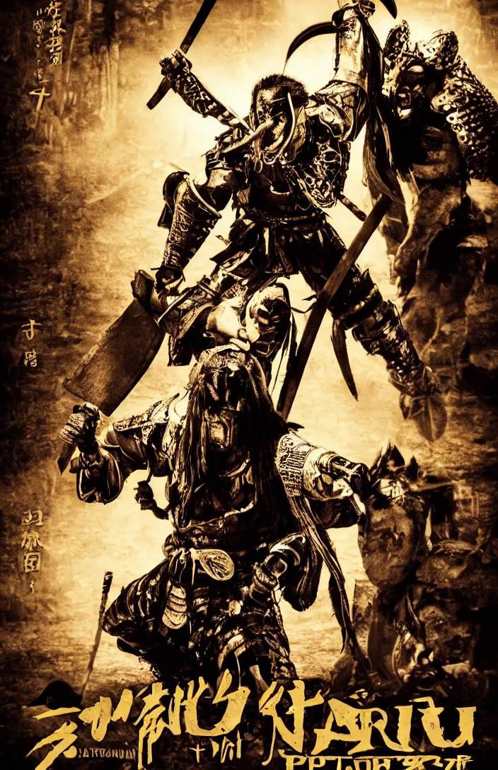 Prompt: movie film poster art for samurai vs predator film shot in feudal japan staring hiroyuki sanada as a disgraced ronin who hunts down the predator after he fails to protect his master from it. in the style of ansel adams, frank frazzetta, warcraft