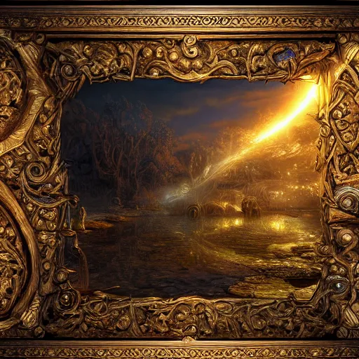 Image similar to a spell binding mirror, epic mystical background by Keith Thompson and Christopher Bretz, highly detailed, digital painting, HDRI, vivid colors, high contrast, 8k resolution, intricate, photorealistic, smooth