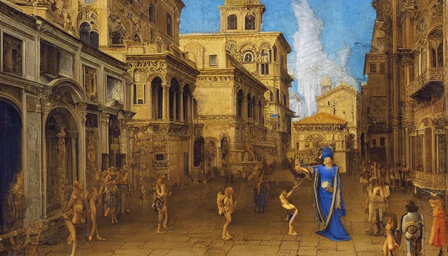 Prompt: renaissance italy venice city landscape with gold beautiful temples and royal blue mage wearing a space suit wondering around the luxurious street, by leonardo da vinci, dino valls, rembrant, claude monet, intricate, time travel theme