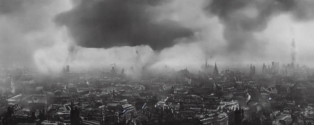 Image similar to a landscape of central london after a nuclear strike, collapsed london eye, big ben, groups of human figures, fog, atmosphere, brooding clouds, mushroom cloud, gas