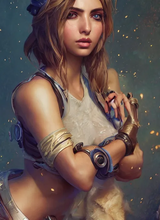 Image similar to ana de armas, from league of legends, hyper detailed, digital art, trending in artstation, cinematic lighting, studio quality, smooth render, fluorescent skin, unreal engine 5 rendered, octane rendered, art style by klimt and nixeu and ian sprigger and wlop and krenz cushart