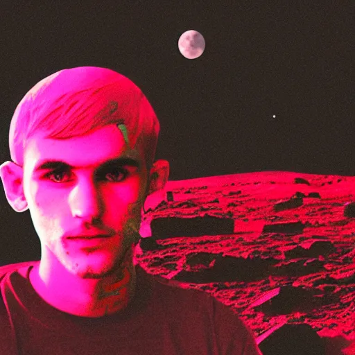 Image similar to lil peep on mars looking at camera, detailed, close shot, moonlight, red lighting, neon, glitch, synthwave, boke,