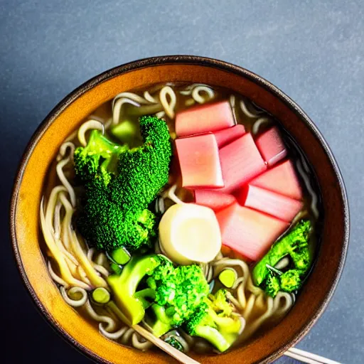 Image similar to a steaming bowl of ramen with weird ingredients, like toothpaste, broccoli and turnips. Food photography, bokeh